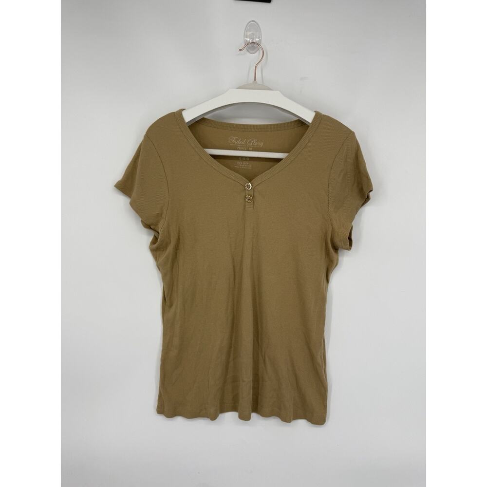 Y2K Faded Glory Women's Henley Perfect Fit Tee Short Sleeve Ribbed Khaki Size XL